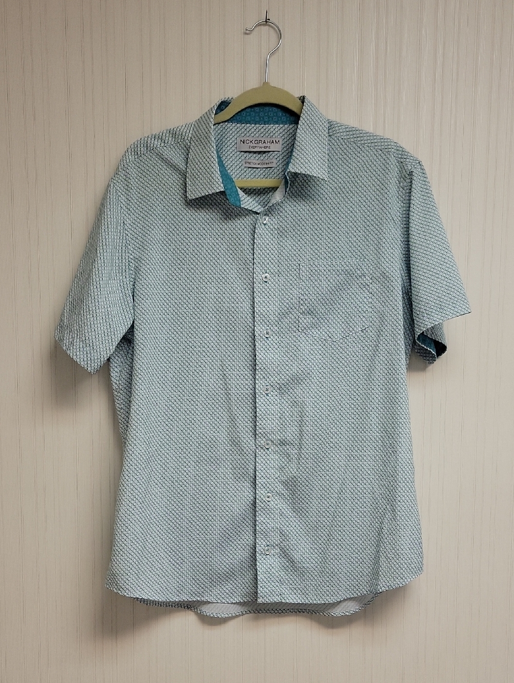 Nick Graham Short-Sleeve Light Blue Patterned Men's Shirt Large No Iron